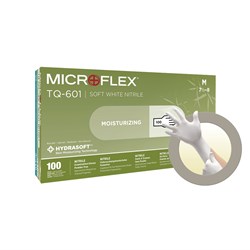 MICROFLEX Soft White Nitrile TQ-601 Box Front 3D - Box with Glove